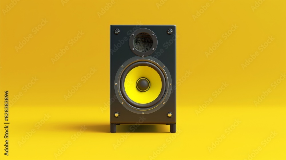 One powerful music speaker on a smooth yellow background in the very center of the composition. One powerful music speaker on a smooth yellow background in the very center of the composition.