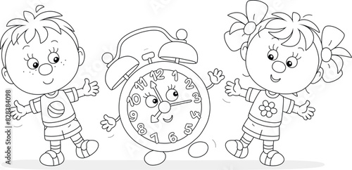 Happy little boy and girl doing morning exercises together with a funny alarm clock cartoon character, black and white vector cartoon illustration for a coloring book
