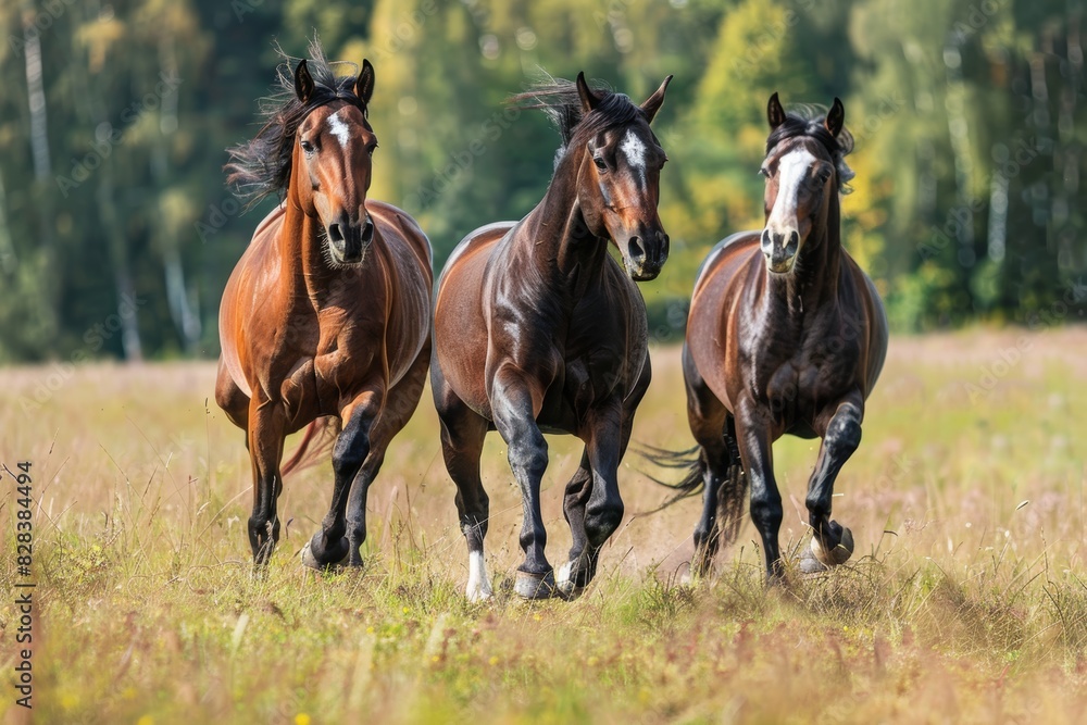 Three horses running in field - wildlife and freedom concept - action photography