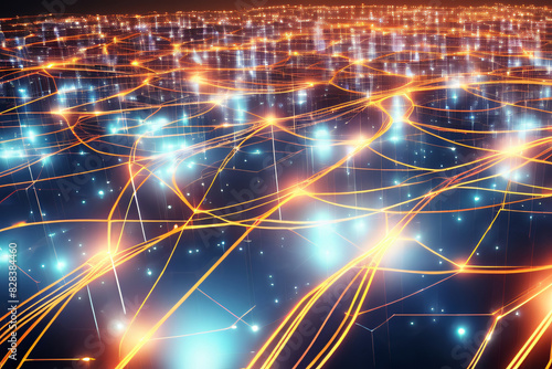 Futuristischer Hintergrund digitale leuchtende Wellen und Netzwerk in ländlicher Umgebung