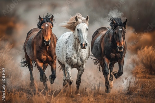 Three majestic horses running wild and free across the expansive desert landscape