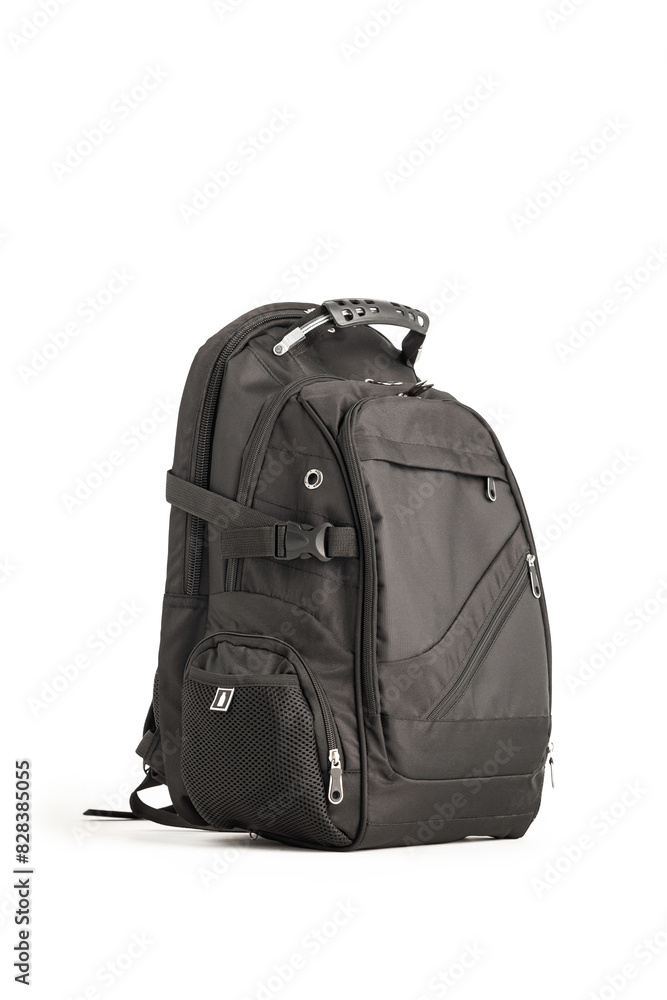 Naklejka premium Black backpack, isolated white background