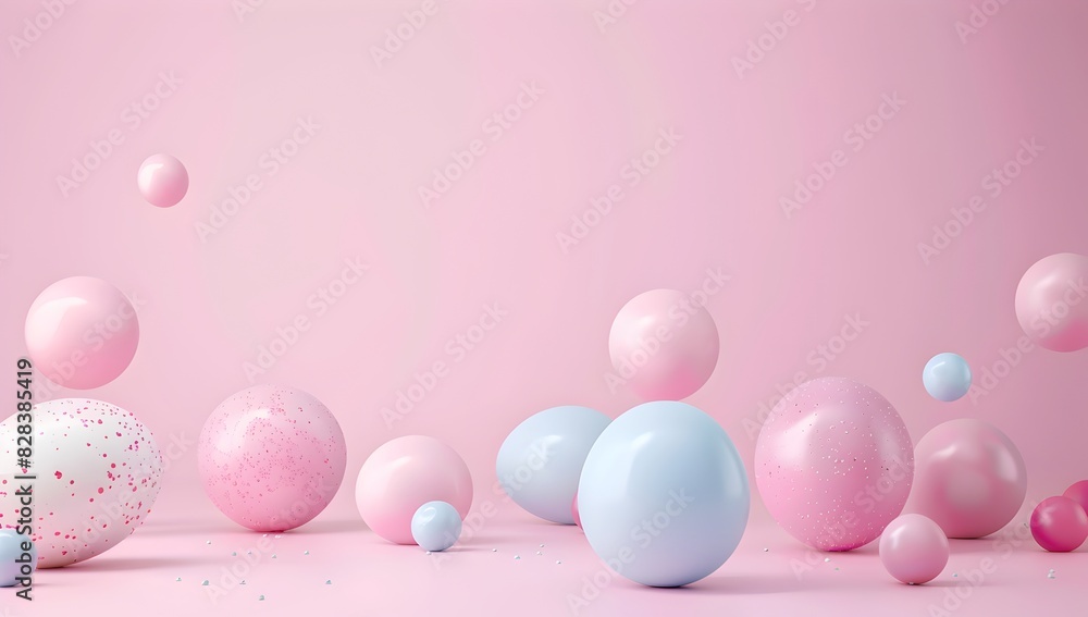 3D rendering of pastel colored spheres and eggs on a pink background
3D rendering of pastel colored spheres and eggs on a pink background