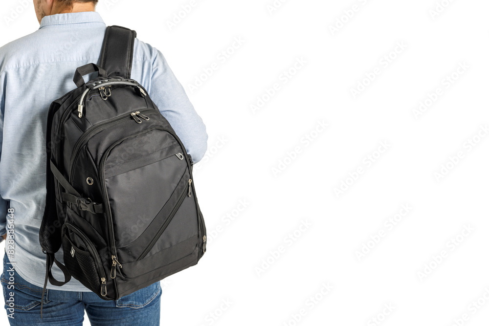 Backpack on a back of man close up isolated background. Backpack on a back of man close up isolated background.