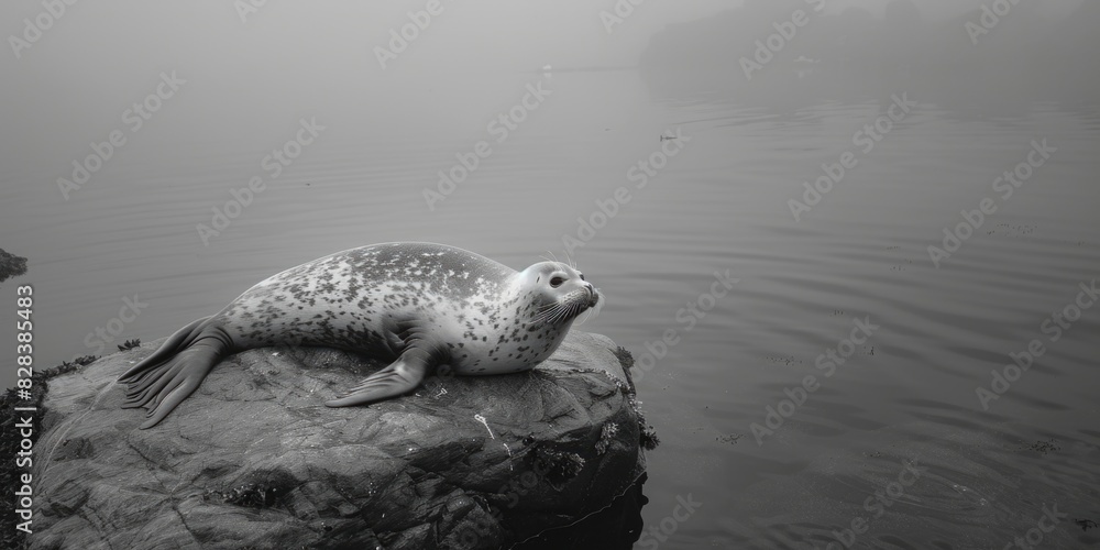 Obraz premium A seal sitting on top of a rock in the water. Suitable for nature and wildlife themes