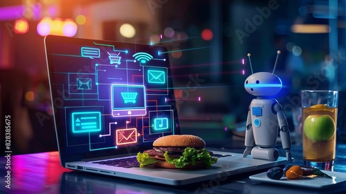 Seamless smart order food or auto reserve seat on social media app platform ask talk or text advice robot meal dining booking retail on laptop. AI chat bot help people for small SME asia B2C CRM IOT.  photo