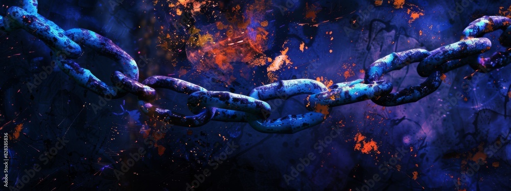 Fototapeta premium 3D Rendering of metal chains in glowing blue and orange color on dark background. Grunge old broken chains, splats and stains. Concept for block chain technology, node connections. High quality photo
