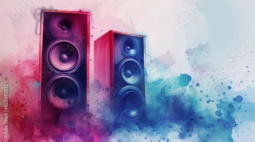 Powerful speakers on a flat background, color watercolor illustration.