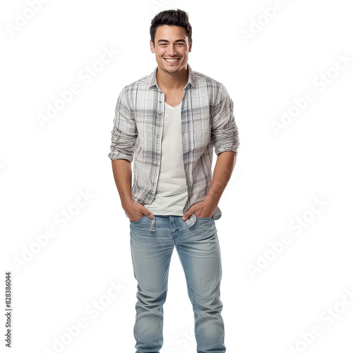 A man in a plaid shirt and blue jeans is smiling for the camera