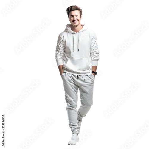A man in a white hoodie and white pants is smiling