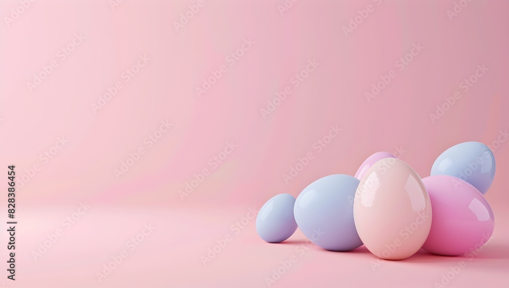 3D rendering of pastel colored spheres and eggs on a pink background in the style of Easter
3D rendering of pastel colored spheres and eggs on a pink background in the style of Easter