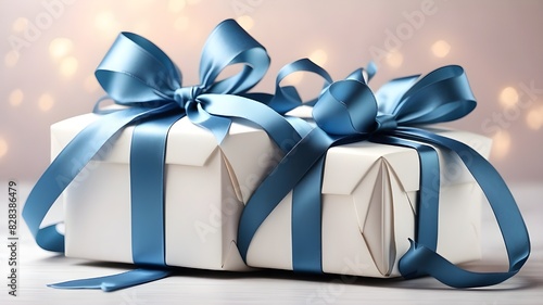 beautiful decorative gift box, blue bow and long ribbon