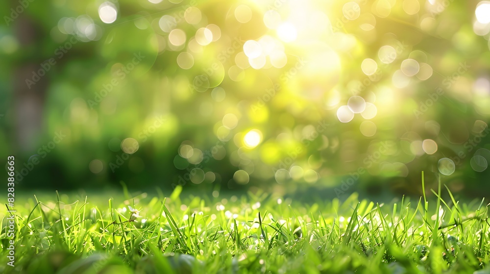 A fresh spring sunny garden background of green grass and blurred foliage bokeh A fresh spring sunny garden background of green grass and blurred foliage bokeh