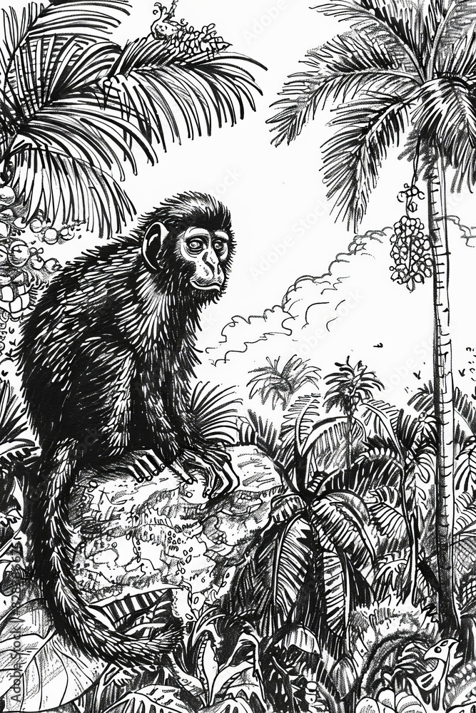 Obraz premium Hand Drawn Monkey. Generated Image. A digital illustration of a hand drawn monkey in the wild.