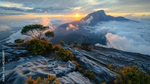 Mountain peak at sunrise with clouds and trees in foreground