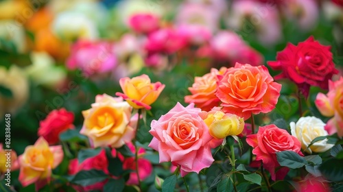 A colorful array of roses blossoms in the garden displaying exquisite beauty and a delightful fragrance © 2rogan