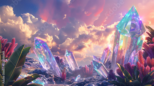 A fantasy landscape image. There are large, colorful crystals jutting out of the ground. photo