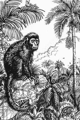 Hand Drawn Monkey.  Generated Image.  A digital illustration of a hand drawn monkey in the wild.