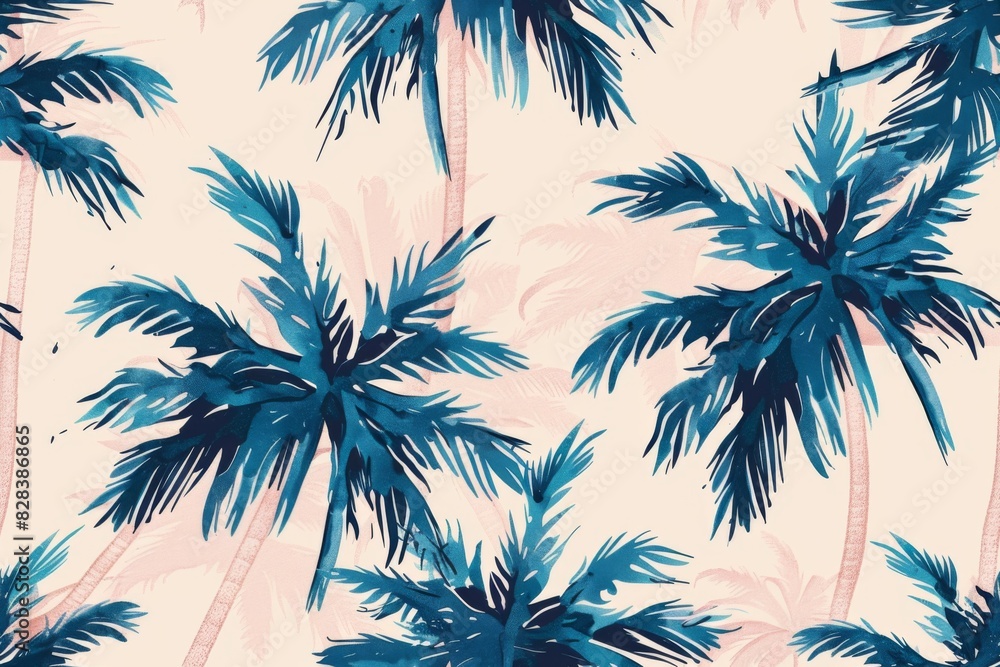 Palm trees are painted in blue and pink on a white background