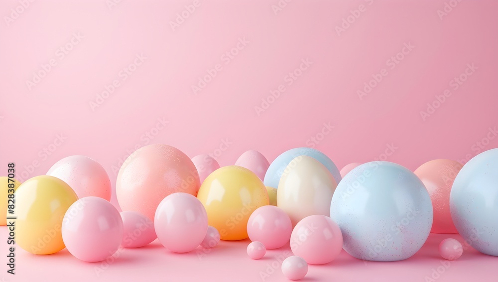 3D rendering of pastel colored spheres and eggs on a pink background in the style of Easter
3D rendering of pastel colored spheres and eggs on a pink background in the style of Easter