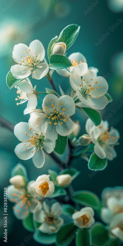 Branch With White Flowers and Green Leaves Branch With White Flowers and Green Leaves