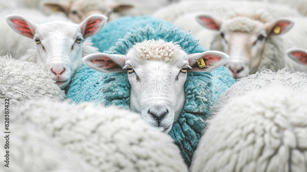 Obraz premium stand out concept - Colorful sheep in a herd of white sheep