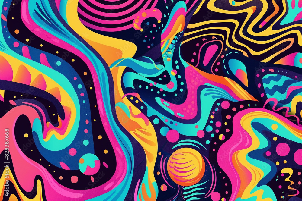 Vibrant and pulsating colors in a groovy abstract pop style with psychedelic patterns.