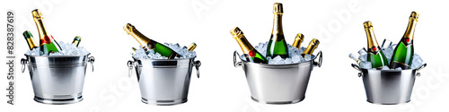 Set of champagne bottles in an ice bucket cooler isolated on a transparent background. Perfect for celebratory themes, events, and advertising.