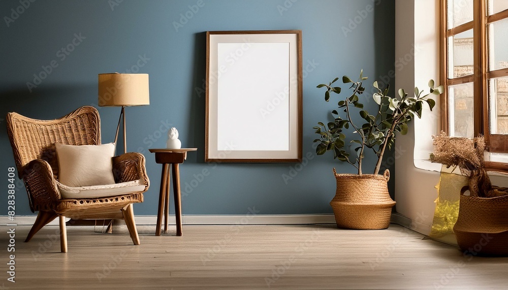 Stylish Simplicity: Poster in Wooden Frame Against Blue Backdrop Stylish Simplicity: Poster in Wooden Frame Against Blue Backdrop