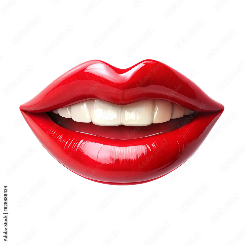 Glossy Red Smiling Lips with White Teeth Isolated on White Transparent Background, PNG Element Glossy Red Smiling Lips with White Teeth Isolated on White Transparent Background, PNG Element