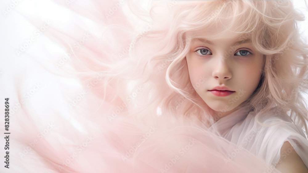 Light haired child with a subtle pink hue, captured in a soft and dreamy portrait style Light haired child with a subtle pink hue, captured in a soft and dreamy portrait style