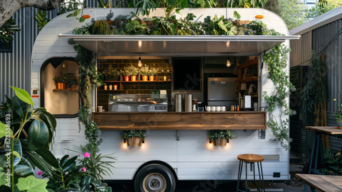 A food truck with plants growing on the side of it