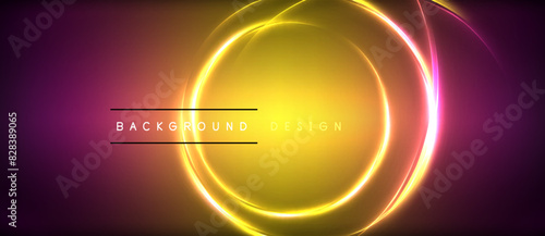 Neon glowing circle rays, light round lines in the dark, planet style neon wave lines. Energetic electric concept design for wallpaper, banner, background