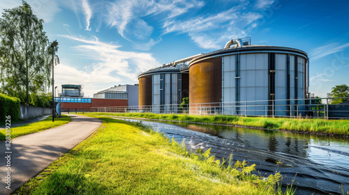 A serene waterway flows beside a massive silo, showcasing a harmonious blend of nature and industry photo