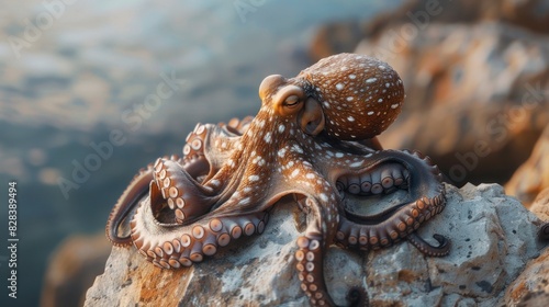 Close-up of a beautiful octopus with protruding tentacles sitting on the edge of an underwater cliff.