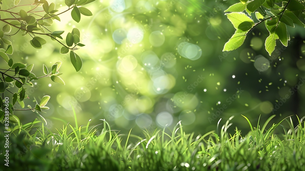 A fresh spring sunny garden background of green grass and blurred foliage bokeh A fresh spring sunny garden background of green grass and blurred foliage bokeh