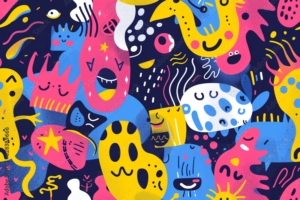 Whimsical motifs in a cheerful abstract pop style background with cartoonish characters. Whimsical motifs in a cheerful abstract pop style background with cartoonish characters.