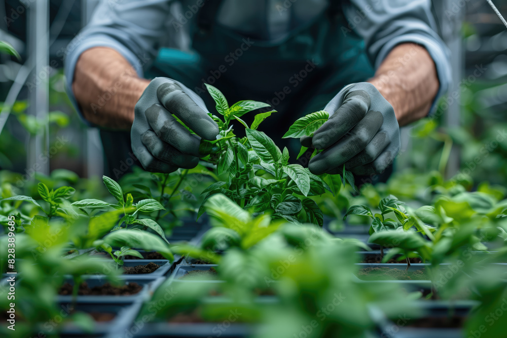 A gardener tending to plants in a greenhouse. A gardener tending to plants in a greenhouse.