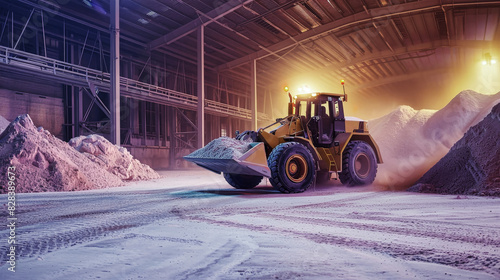 A bulldozer aggressively driving through a potash fertilizer warehouse, disrupting piles of sand with powerful force photo