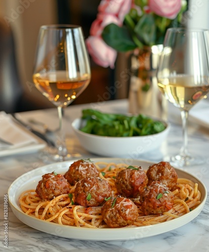 Plate of Spaghetti With Meatballs and Glass of Wine
