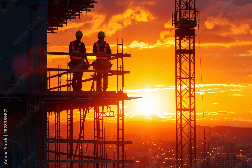 Two construction workers on a building site at sunset. engineer worker on construction site with sunset and building background Two construction workers on a building site at sunset. engineer worker on construction site with sunset and building background