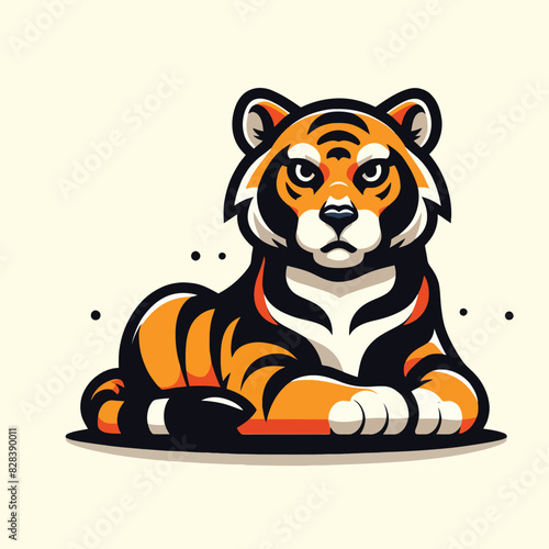 cartoon striped tiger is sitting lying down with sharp eyes