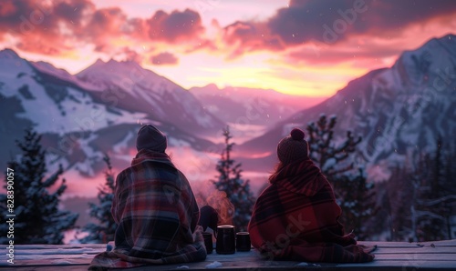 A couple wrapped in blankets on a wooden deck, watching a sunset over the mountains, enjoying a moment of quiet togetherness with warm mugs of tea, in a serene, natural setting.