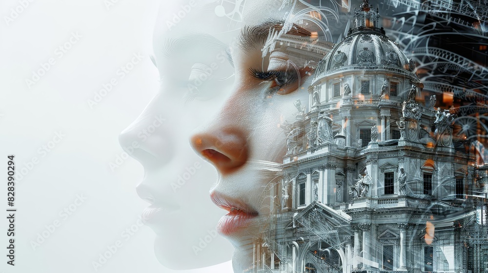 Double exposure of a womans face blending with intricate architectural details, capturing the elegance and complexity of design Double exposure of a womans face blending with intricate architectural details, capturing the elegance and complexity of design