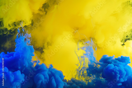 Royal blue neon accents energize the vibrant yellow smoke in a regal stage setting.