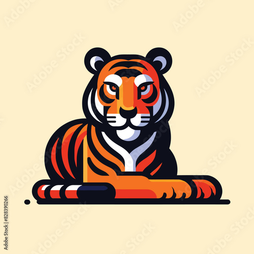 cartoon of a tiger sitting in a reclining pose with piercing eyes