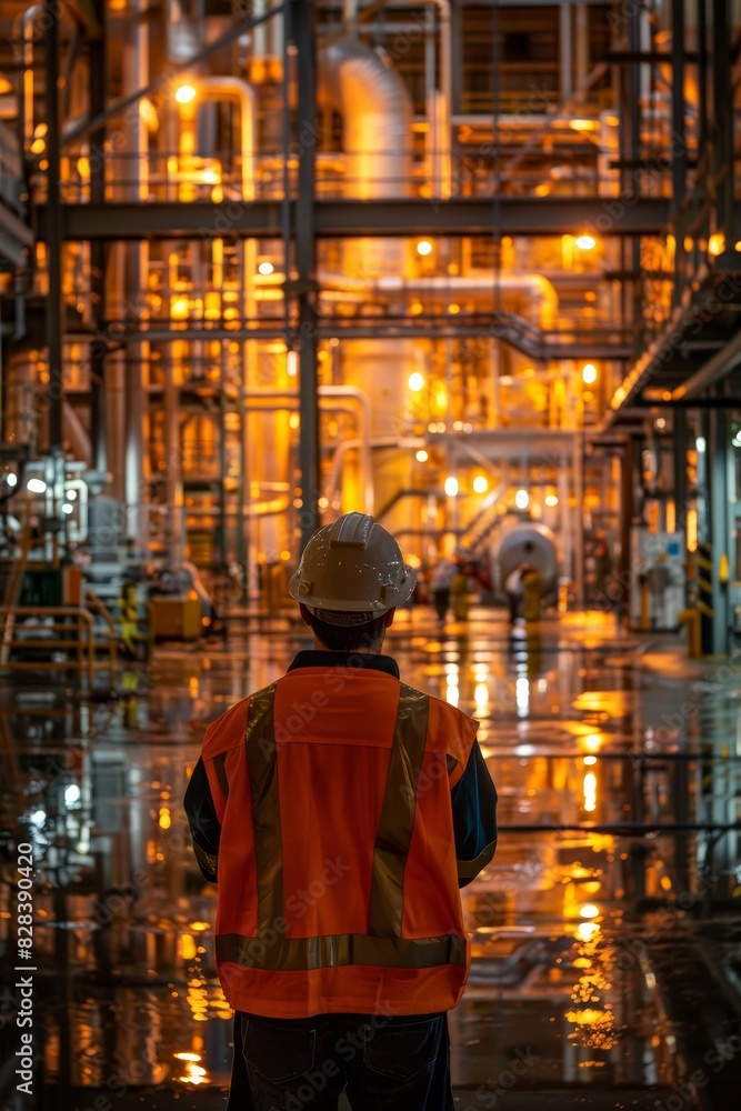Workman in reflective clothing gazes across the complex machinery of a refinery Workman in reflective clothing gazes across the complex machinery of a refinery
