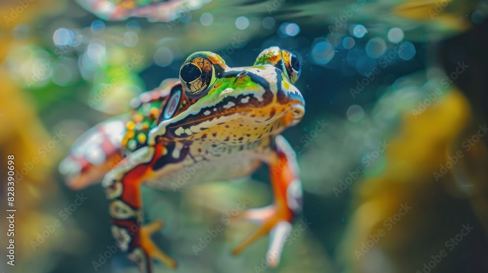 Close-up of a colorful frog swimming under the sea. Close-up of a colorful frog swimming under the sea.