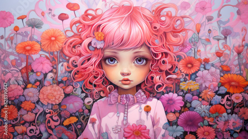 Cute kid painted in bright pink colors  with a whimsical vintage look and a touch of pop art surrealism