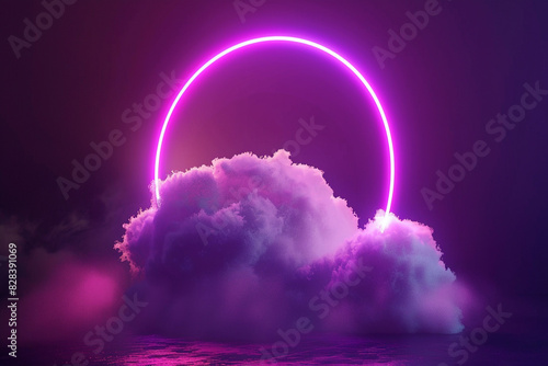 3D tall frame featuring a bright purple neon ring lighting a cloud.